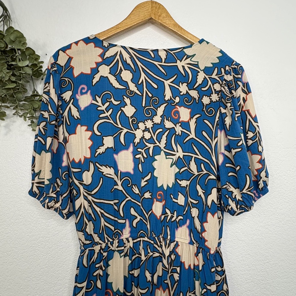 Knox Rose Blue Floral Wrap Midi Dress XXL Short Sleeve Tassel Tiered Ruffle Boho - Picture 6 of 7